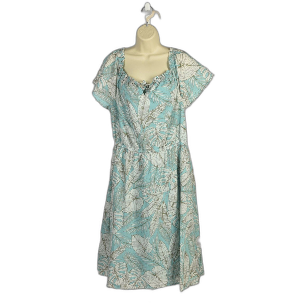 Talbots Smocked Top Elastic Waist Aqua White Palm Print Midi Dress Size 12